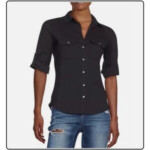 James Perse Sheer Slub Side Panel Button Down Shirt Roll Tab Sleeve